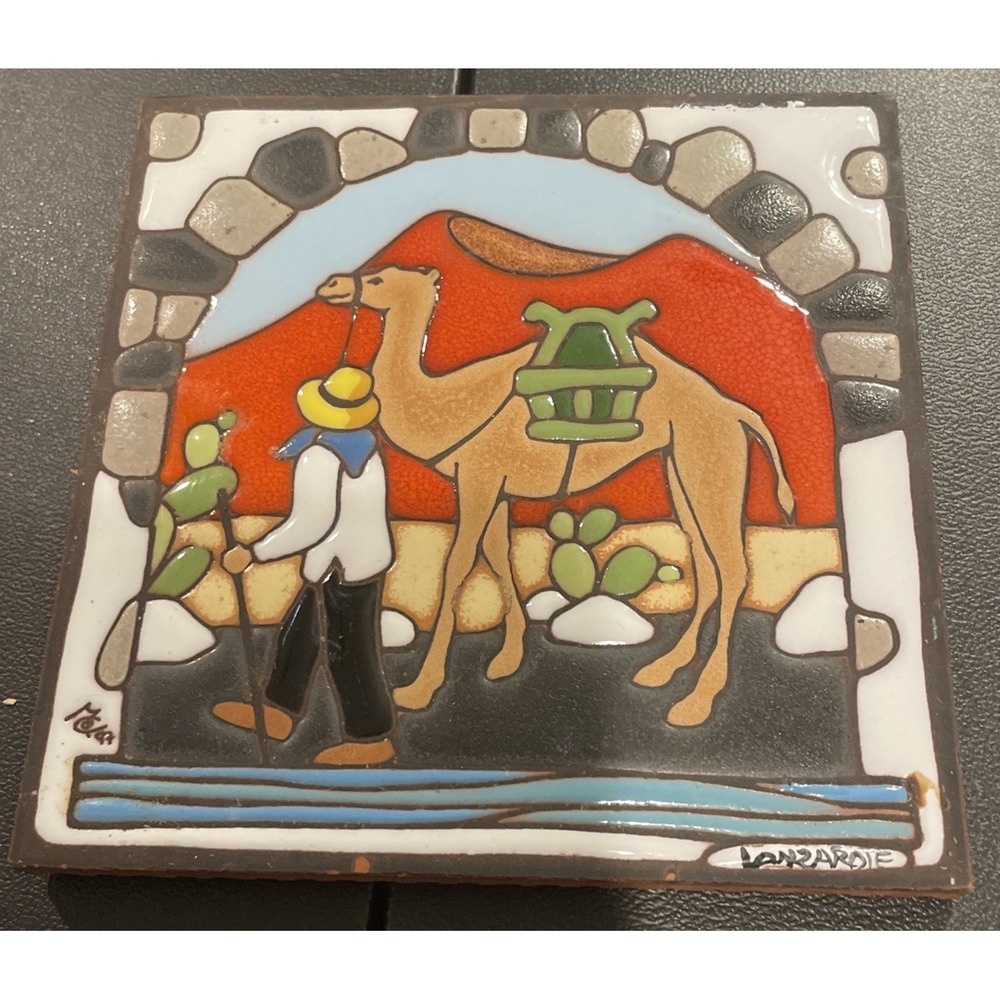 Vintage Ceramic Tile Man Walking Camel Art Decor Wall Hanging Trivet Signed‎ 6"